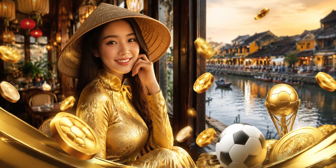 Người phụ nữ mặc áo dài tại Hội An xem kết quả đặt kèo bóng đá và kiểm tra tiền thưởng trên điện thoại